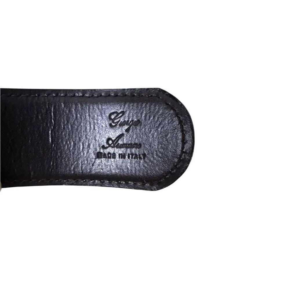 Giorgio Armani Black Leather Belt With Silver Buckle Logo Design Made In Italy